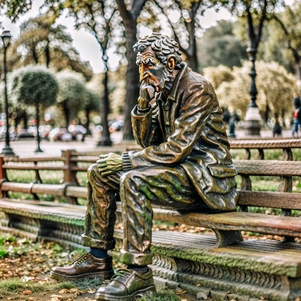 A figure of a man thinking about complex issues sitting on a park bench.