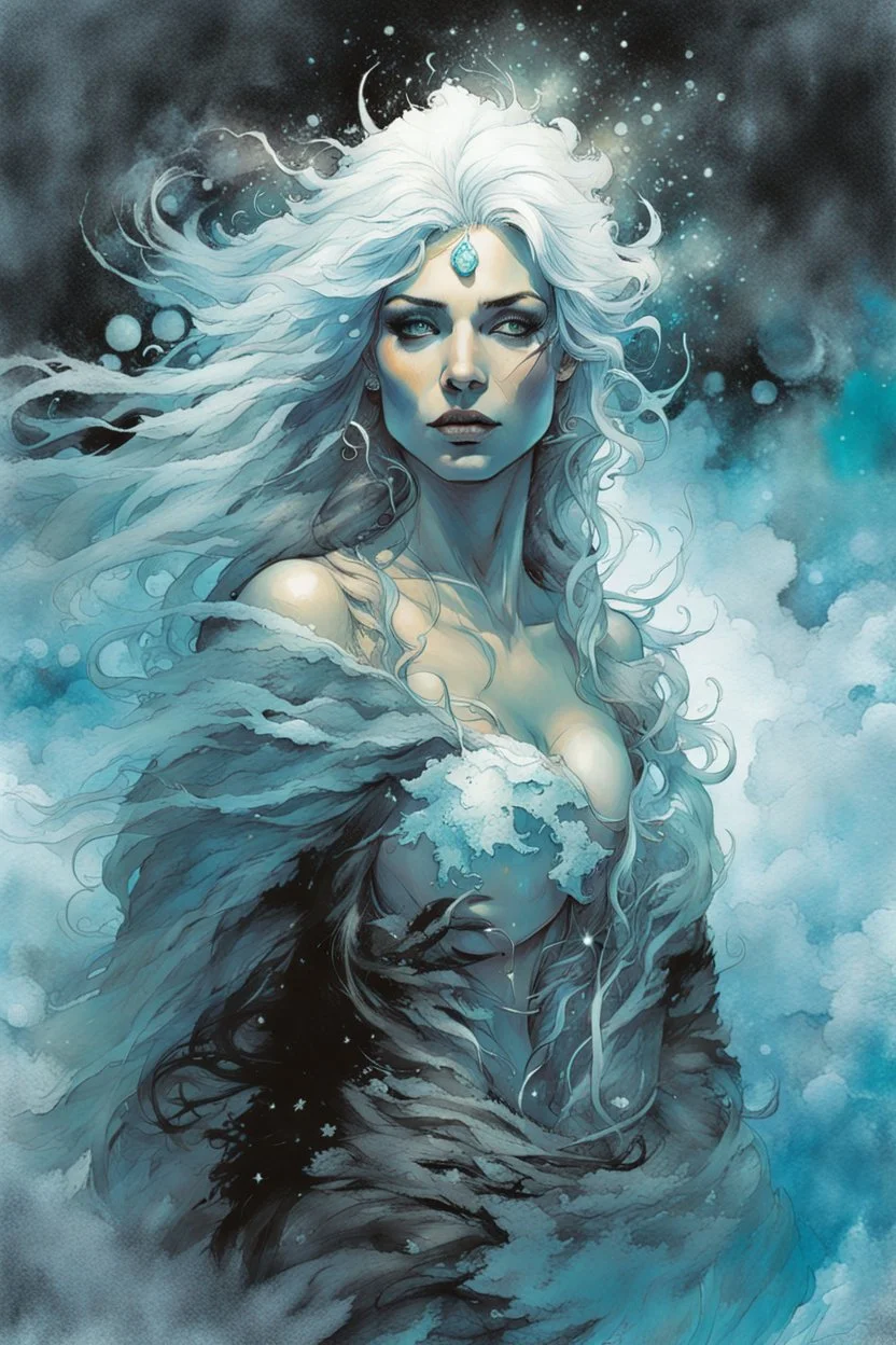 create a highly detailed high fantasy portrait illustration of a sensual sorceress clothed in hoarfrost, amidst a swirling blizzard on the eve of Samhain under the watch of a baleful moon in the graphic novel style of Bill Sienkiewicz, with highly detailed facial features and clothing, with an otherworldly and ethereal background by Van Gogh