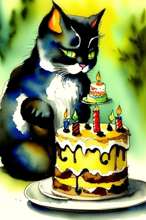 A cute cat is having a birthday cake. Watercolour