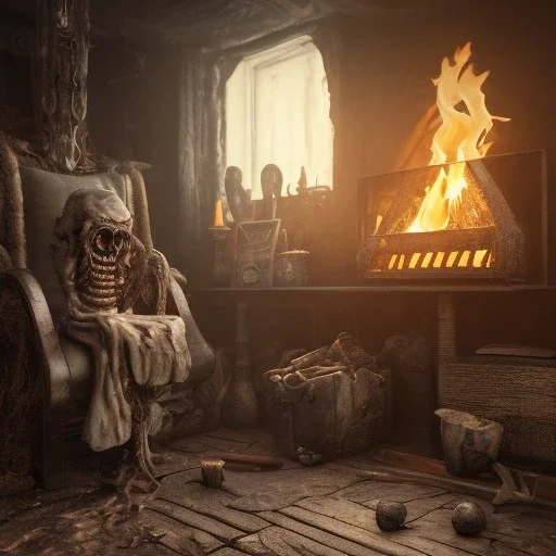 an viking fire place in old house, scary, zombie, steam punk, realistic, made in octane, cinematic, ultra-realistic, extremely detailed octane rendering, 8K, VRAY Super Real ar 2:3, dof photorealistic futuristic 50mm lens hard lighting dark gray tintype photograph, realistic lighting, sepia color