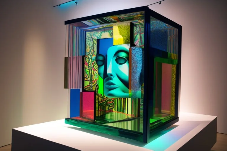 teleport machine in glass box in gallery in the style of Eileen Agar