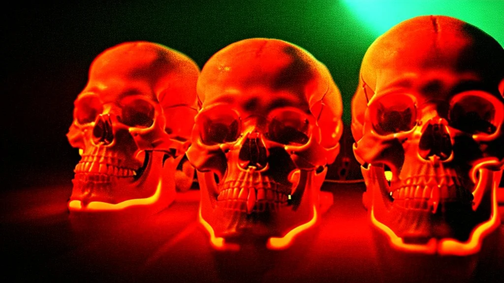 anatomically correct human skulls stacked into a pyramid, unusual neon lighting, high velocity, 64k, dystopian, vray, steampunk