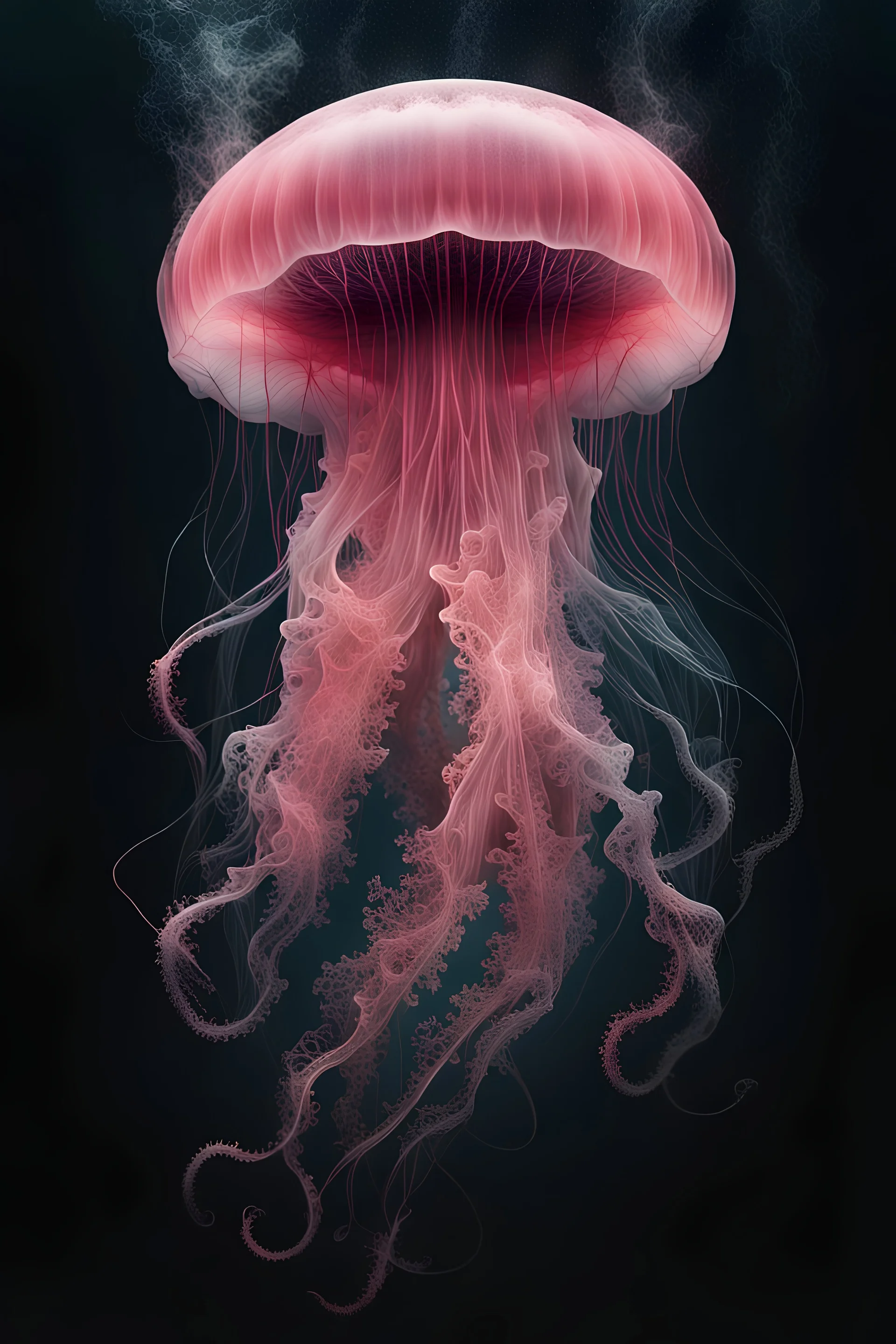 photo RAW, (Black and pink : Portrait of a ghostly jellyfish, shiny aura, highly detailed, gold filigree, intricate motifs, organic tracery, by Android jones, Januz Miralles, Hikari Shimoda, glowing stardust by W. Zelmer, perfect composition, smooth, sharp focus, sparkling particles, lively coral reef background Realistic, realism, hd, 35mm photograph, 8k), masterpiece, award winning photography, natural light, perfect composition, high detail, hyper realistic, artful, digital art trending