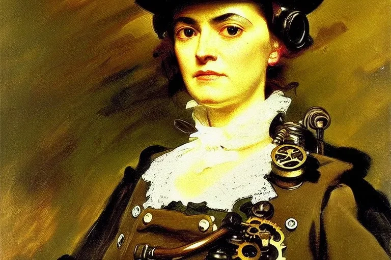 steampunk , portrait, painted bye John Singer Sargent, painterly, highly detailed, close up