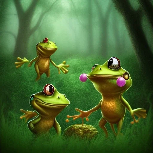 5 frogs traveling through the woods