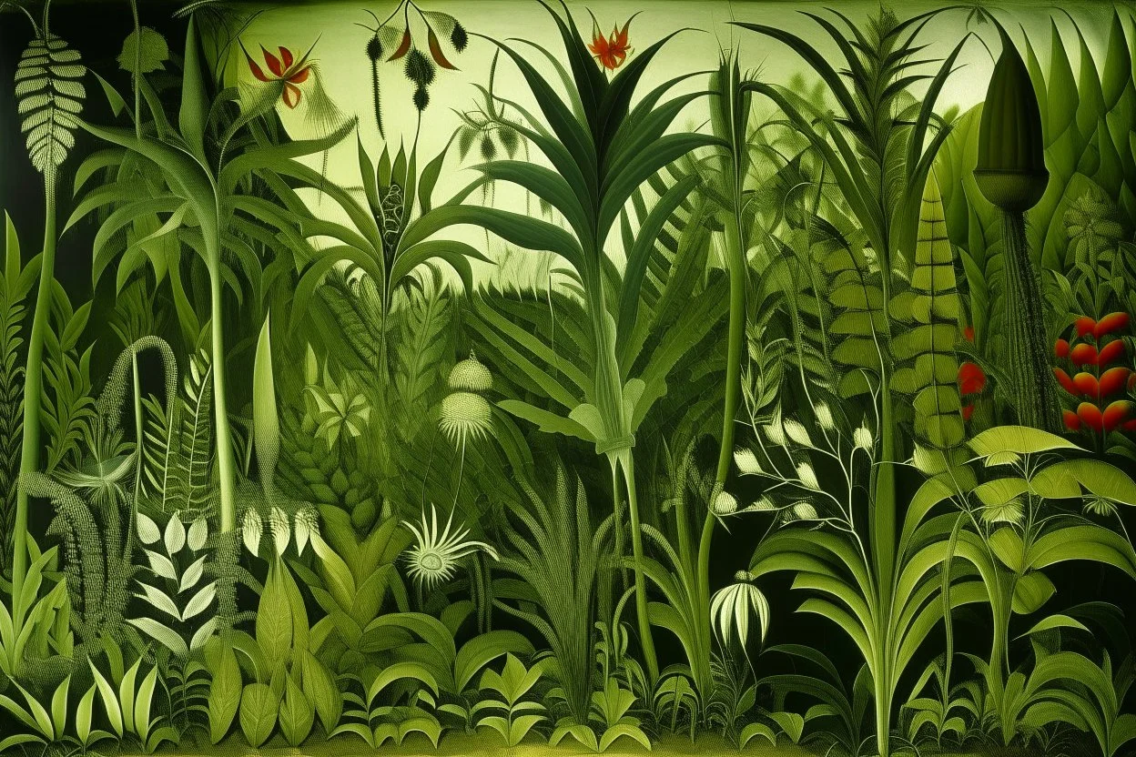 An olive green jungle with Venus fly traps painted by Pablo Picasso