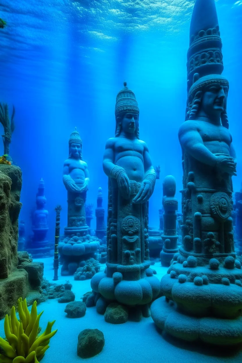 A blue underwater kingdom with Hawaiian tiki statues