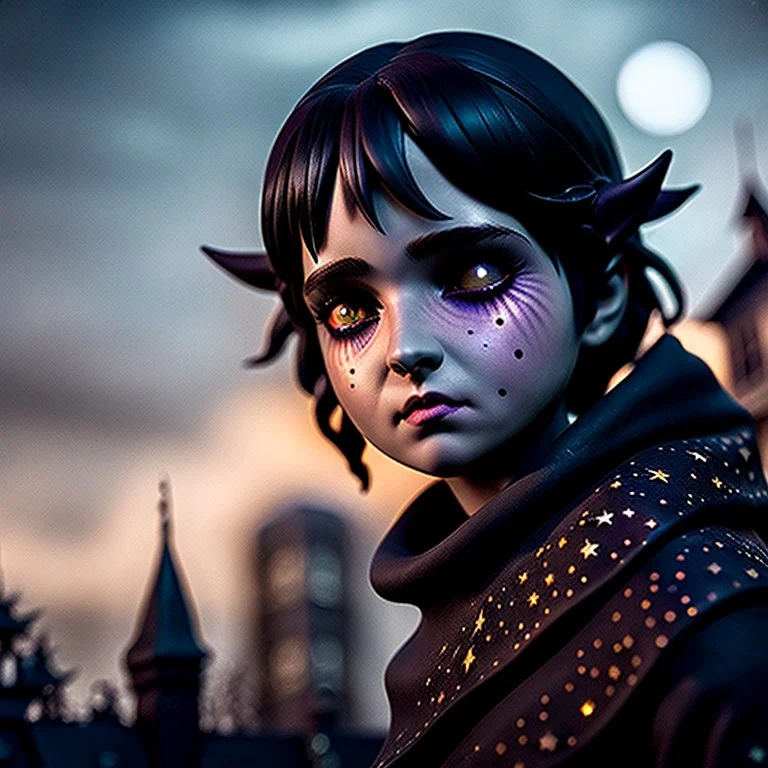 Detailed people, creepy street made of modeling clay, village, stars and planets, volumetric light flowers, naïve, Tim Burton, strong texture, extreme detail, Max Ernst, decal, rich moody colors, sparkles, Harry Potter, bokeh, odd