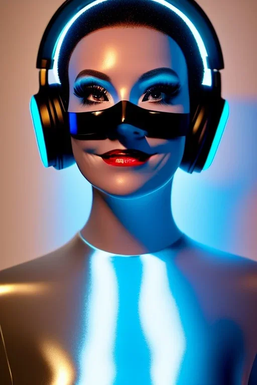 Technological singularity. Machine, fake smile, camera-eyes. 3D-tiling in adaptive background, lighted shelf full of heads. Cyber-punk full-mask. Lay figure woman with plastic milky, plank skin. Repugnant behavior towards a human. Haute Couture 90's long tippet. Light right. Silver, black, Cyan. Huge headphones. Golden rings and discs. Thick tights, Thick calves, Curved fell, Wide hip. Secretly change her head to another, from the tower, which reveal her ugliness, haughty.