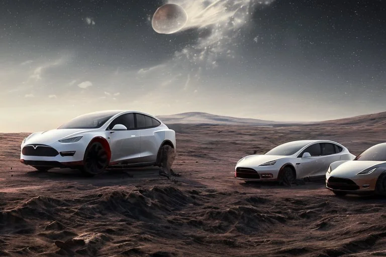 A Tesla 'Model S' is racing at top speed, at the lunar landing site of the 'Apollo 11'. (CINEMATIC, WIDE ANGLE LENS, PHOTO REAL)