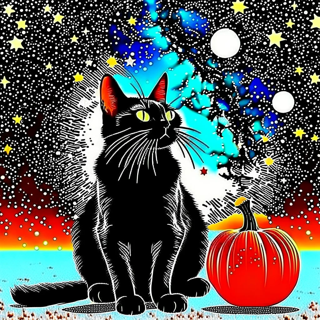 black cat on Halloween dancing with pumpkins in the photo of the starry sky