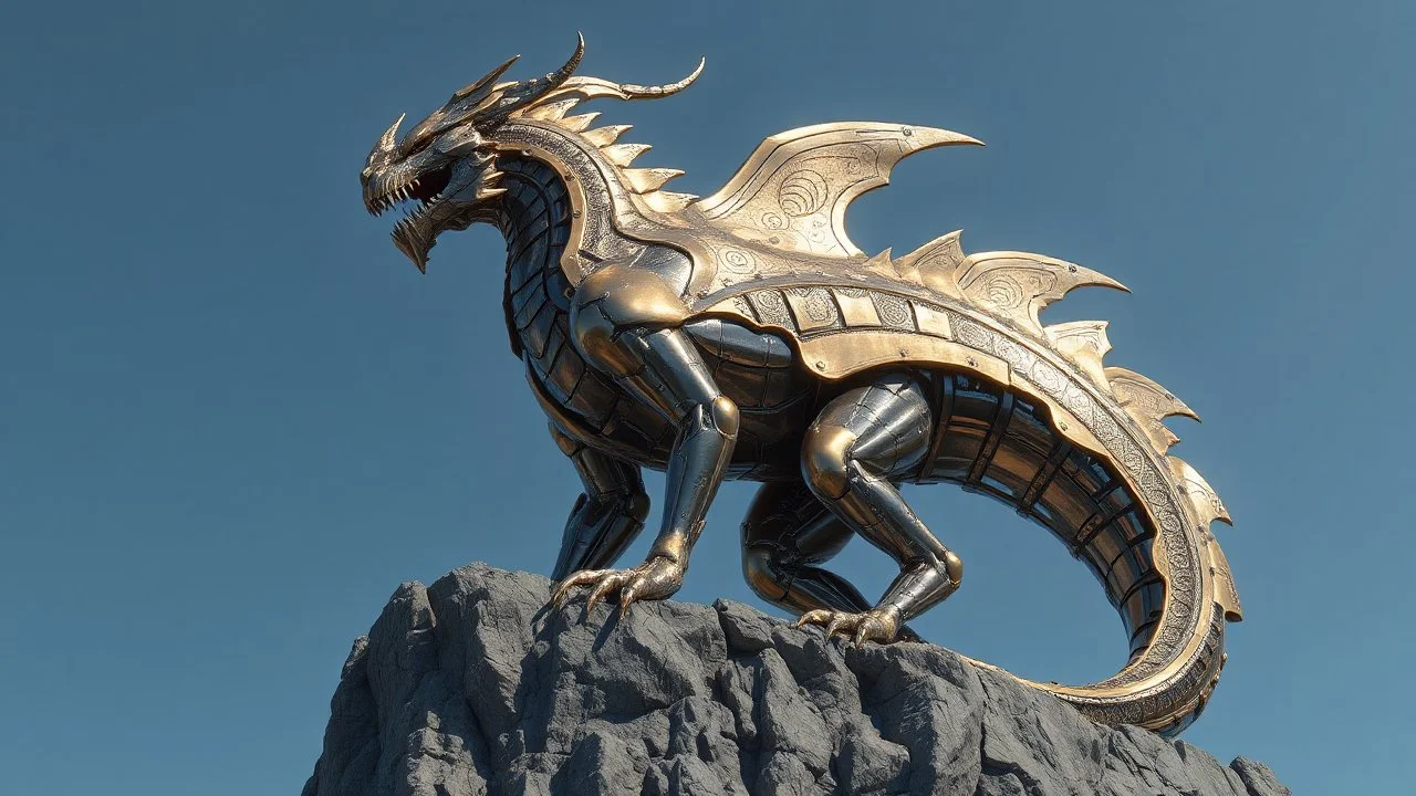 Description: Imagine a towering metallic creature, forged from a blend of chrome and bronze, standing atop a rocky cliff. Its form is both organic and mechanical, with intricate patterns etched into its surface that shimmer in the sunlight. Colors: Use a palette of deep blues and metallic golds, contrasting with the grey of the cliff. Textures: The surface of the creature should appear almost fluid, with reflective elements catching the light and creating a mesmerizing effect. Mood: The atmosphe