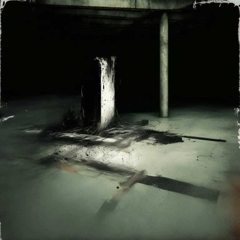 Minimal abstract oil painting in a desolate 1960s carpark concrete fragments and road markings. Broken pipes on fire. Blurry outlines. In the style of Justin Mortimer and Francis Bacon.