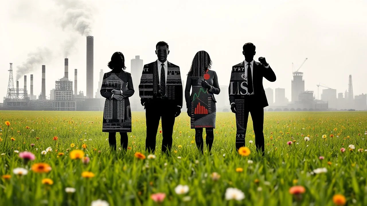 silhouettes of modern business people in a flowery green field, the silhouette is pasted with early 20th century black and white photos of damaged grainy, smoky, dirty industrial estates and business people covered with colorful financial graphicons