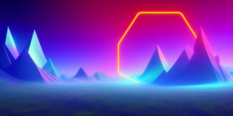 3d rendering. Abstract futuristic neon background. Fantastic landscape with glowing geometric triangular frame and mountains