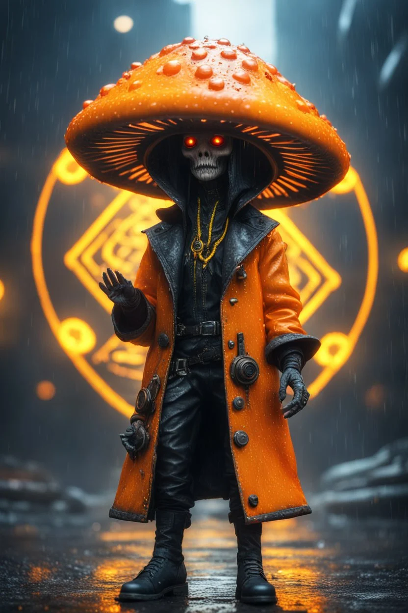 Fire Mushroom goblin sacred geometry framed portal plate, black, yellow and orange neon cyber punk dancer thief in soaked rain coat and cowboy witch hat shadows boss card in the style of Giger and fallout 4 ,,bokeh like f/0.8, tilt-shift lens 8k, high detail, smooth render, down-light, unreal engine