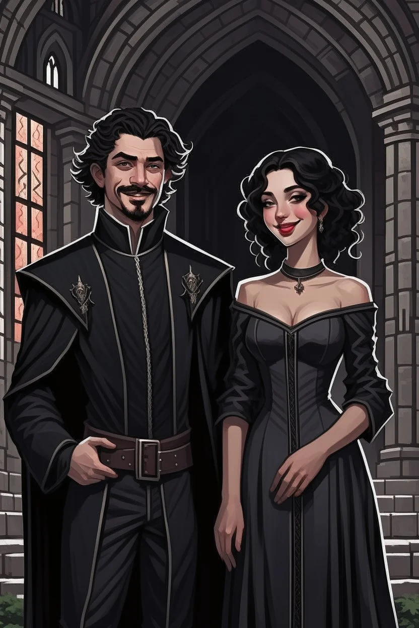 Strahd von Zarovich with a widow’s peak smiling, dressed in black and Ireena Kolyana frowning, wearing a wedding dress standing outside Castle Ravenloft in the illustrated style of dungeons and dragons