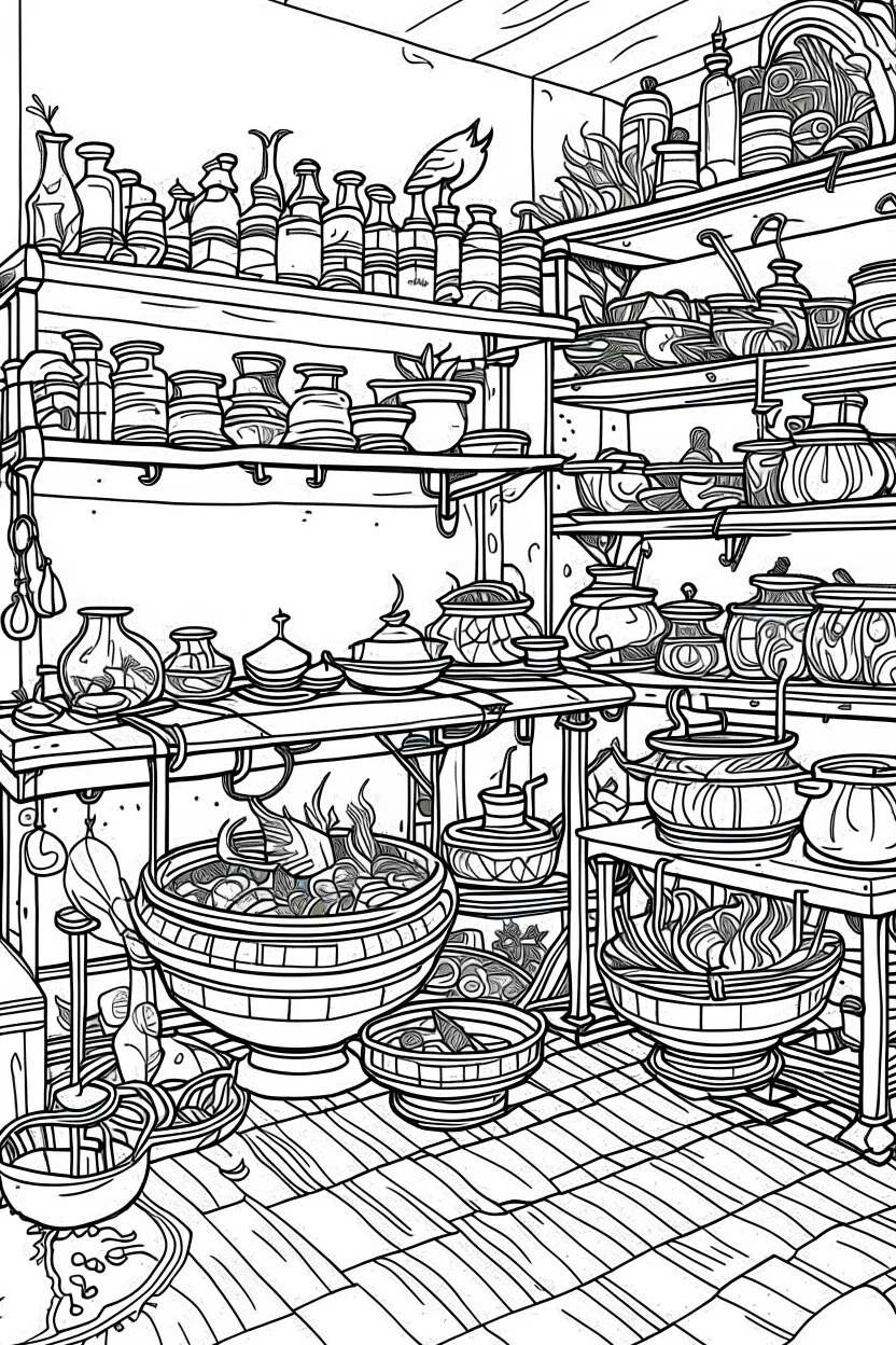 A witch's kitchen with shelves filled with potion ingredients and a bubbling cauldron. Outline, sketch style, only use outline, mandala style, clean line art, white background, no shadows, no clear wall, coloring page.