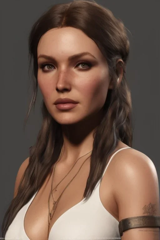 portrait busty and face, camilla luddington abandoned, big busty, lara croft clothes,