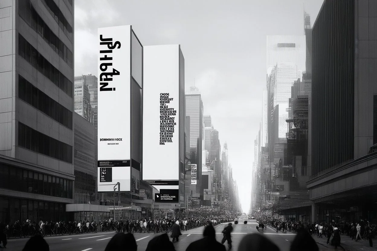 greyscale cityscape upshot: minimalism, many large white billboards populate the city with black block lettering with single word choose randomly between: "BIOMORPH" || "CB" || "SPATCHCOCK" || "TANGUY", || "SURREAL". || 'They Live' movie still, city panoramic, concept art, subliminal messaging