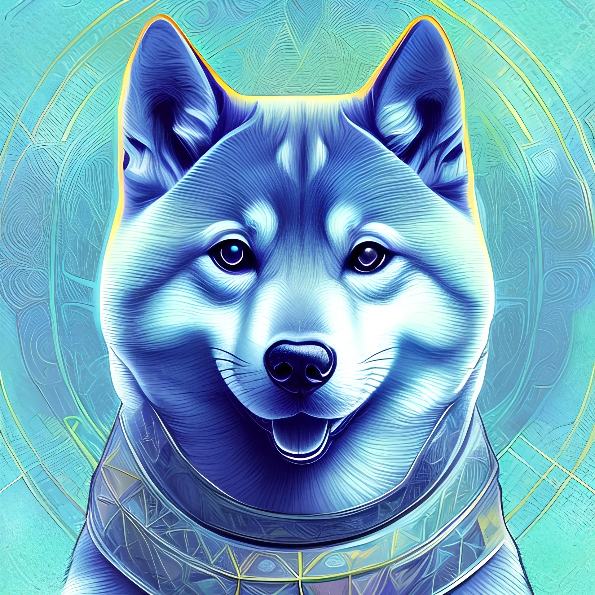 glowing blue aura, doge shiba inu, esoteric, sacred geometry