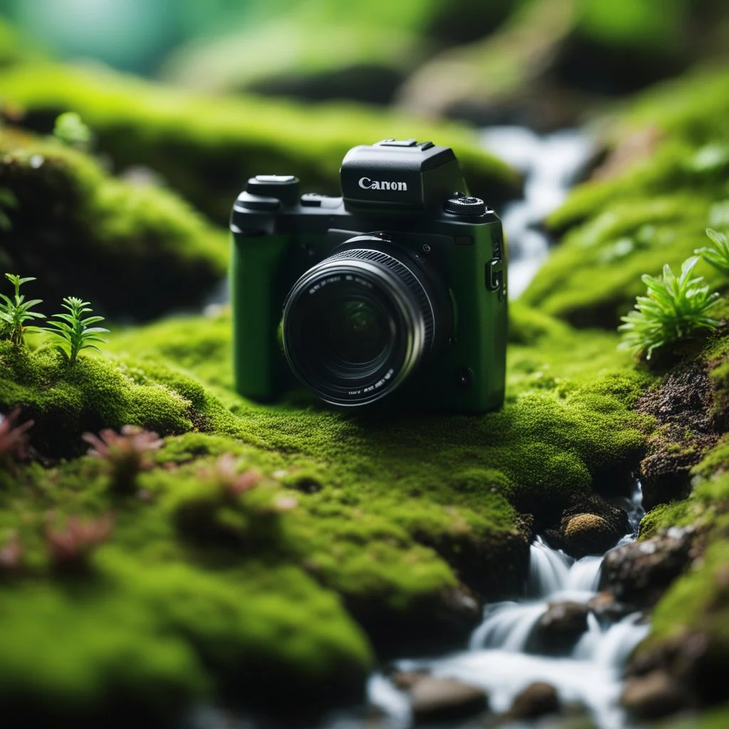 Miniature landscape, a huge digital camera, next to many small people, close-up, green moss ground and stream decoration, add some green plants, frosted glass texture, pvc, natural sunlight, shift axis photography, depth of field effect, fine details, fantastic effects, professional camera (zoom), Canon EOS R5, edge lighting, cinematic lighting, translucency, extrusion and value change of gradient, specular attenuation and contrast, strong ambient occlusion overlay, 8K