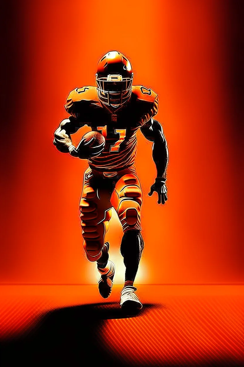 Silhouette of a football linebacker, orange background, photorealistic