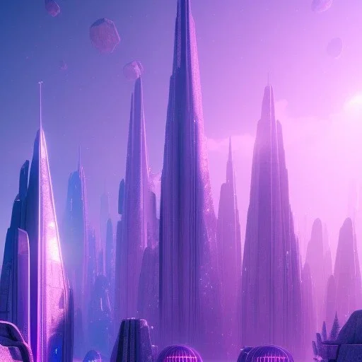 A very beautiful futuristic city, elegant, small crystal edifices, atmospheric, realistic, cinematic lighting, pink blue light, 8k, galactic atmosphere, flowers