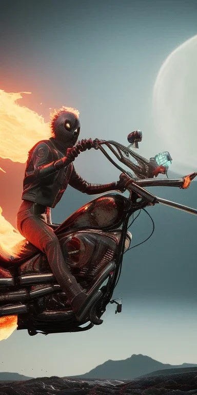 Ghost rider in hell with the moon in the background with fire