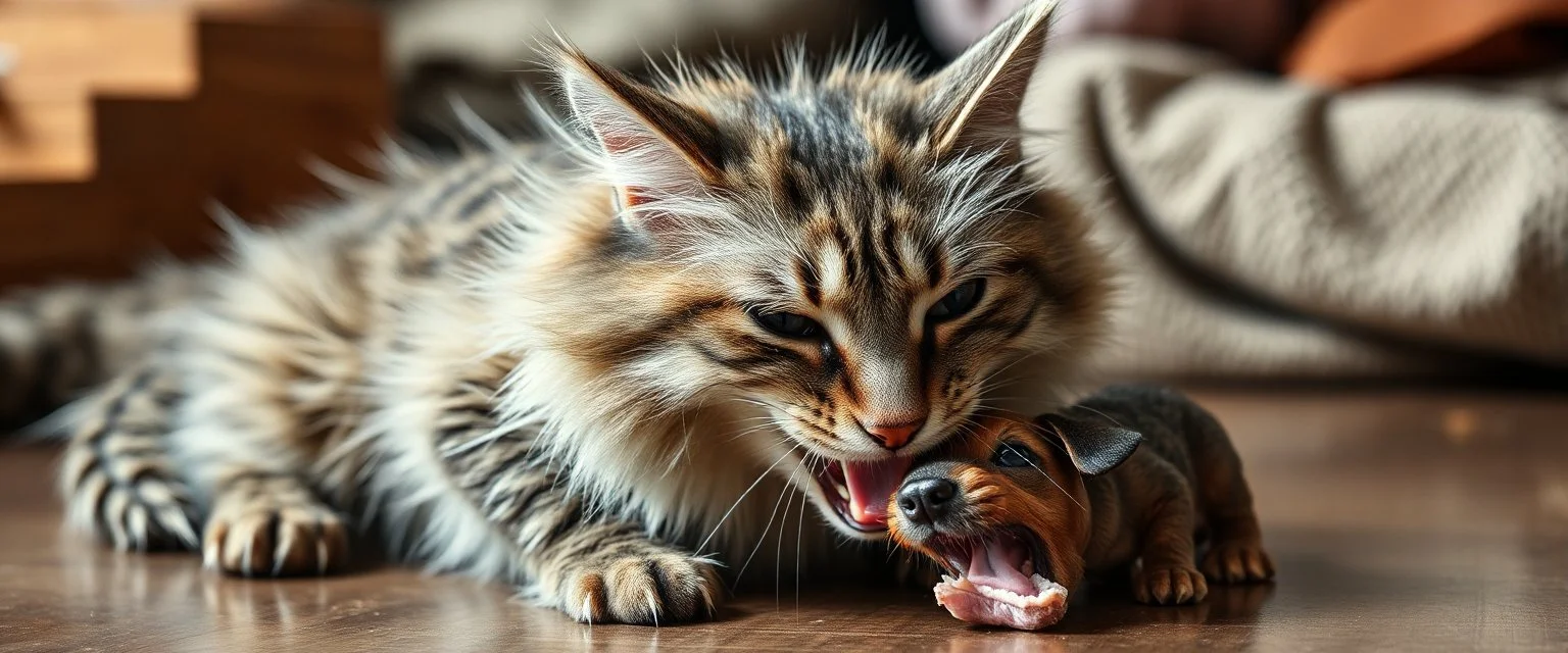 crocodile cat with fluffy hair, doing dog things and eating small dog