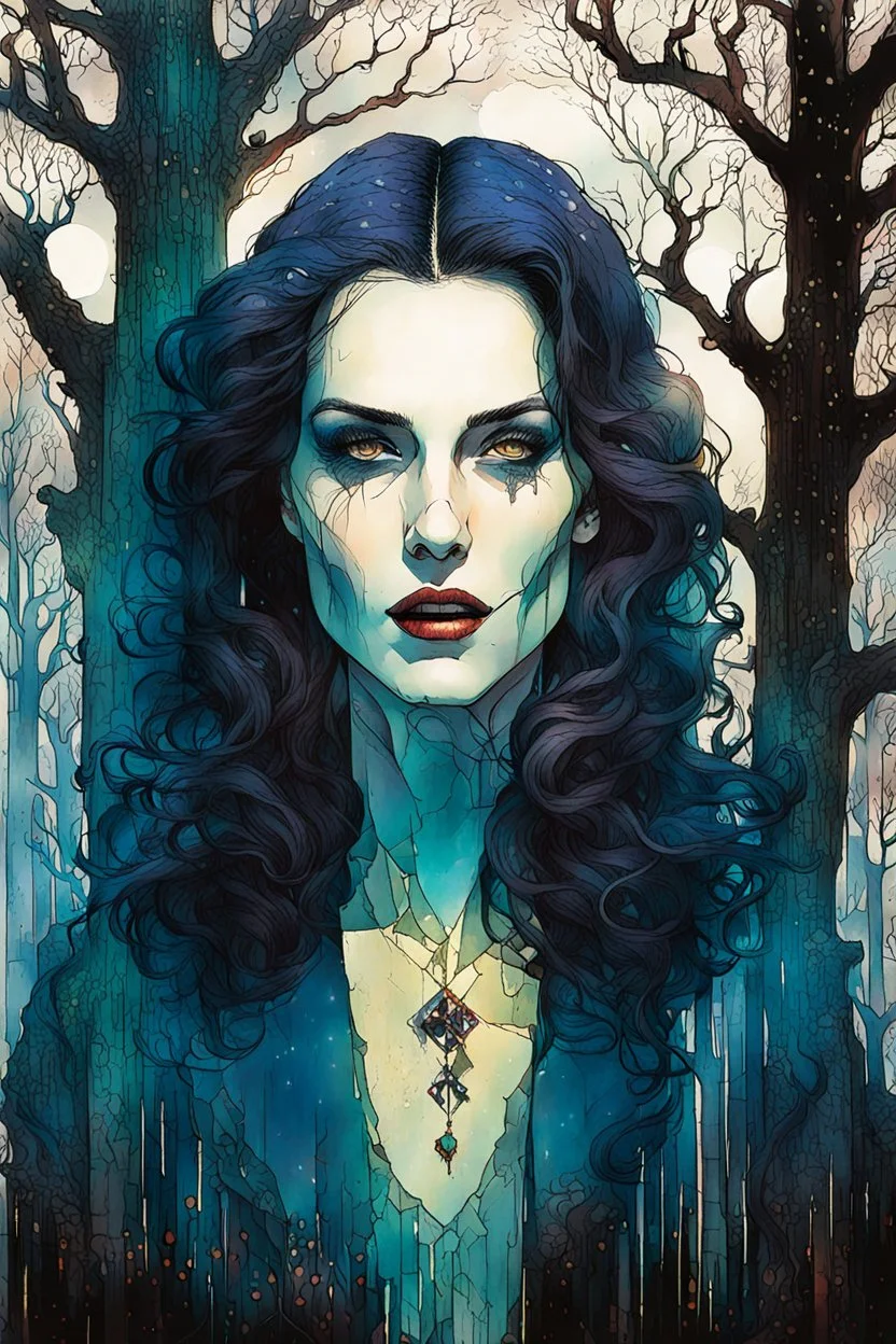 create a fine art print illustration of a 14th century Jewish female vampire with ,highly detailed feminine facial features, surrounded by ancient oak trees, in the old city of Krakow, shrouded in a fetid mist at midnight , in the comic book art style of Bill Sienkiewicz, and Jean Giraud Moebius, finely textured, drawn, colored, and inked