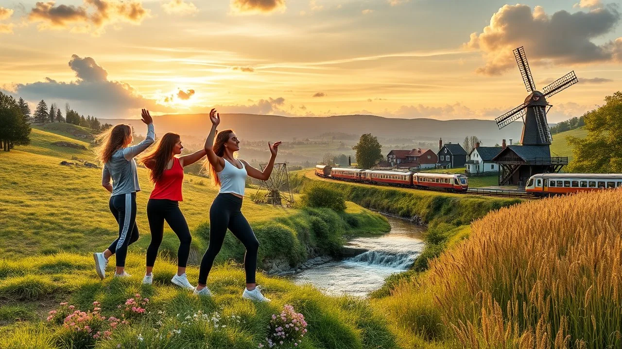 a group of young ladies in sports pants and blouse are dancing to camera in village over high grassy hills,a small fall and river and wild flowers at river sides, trees houses ,next to Ripe wheat ready for harvest farm,windmill ,a pretty train is passing ,cloudy sun set sky