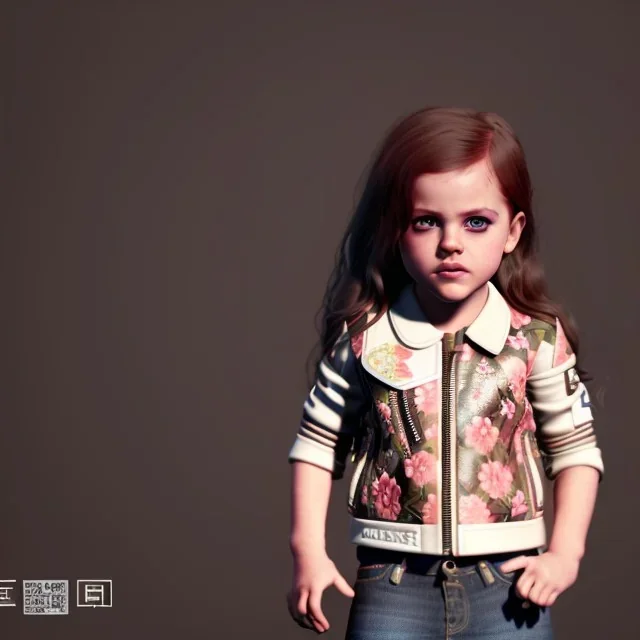 Riley keough toddler, full body, leather jacket, floral shirt, floral skirt, shoe, soft skin, dramatic lighting, hyper realistic