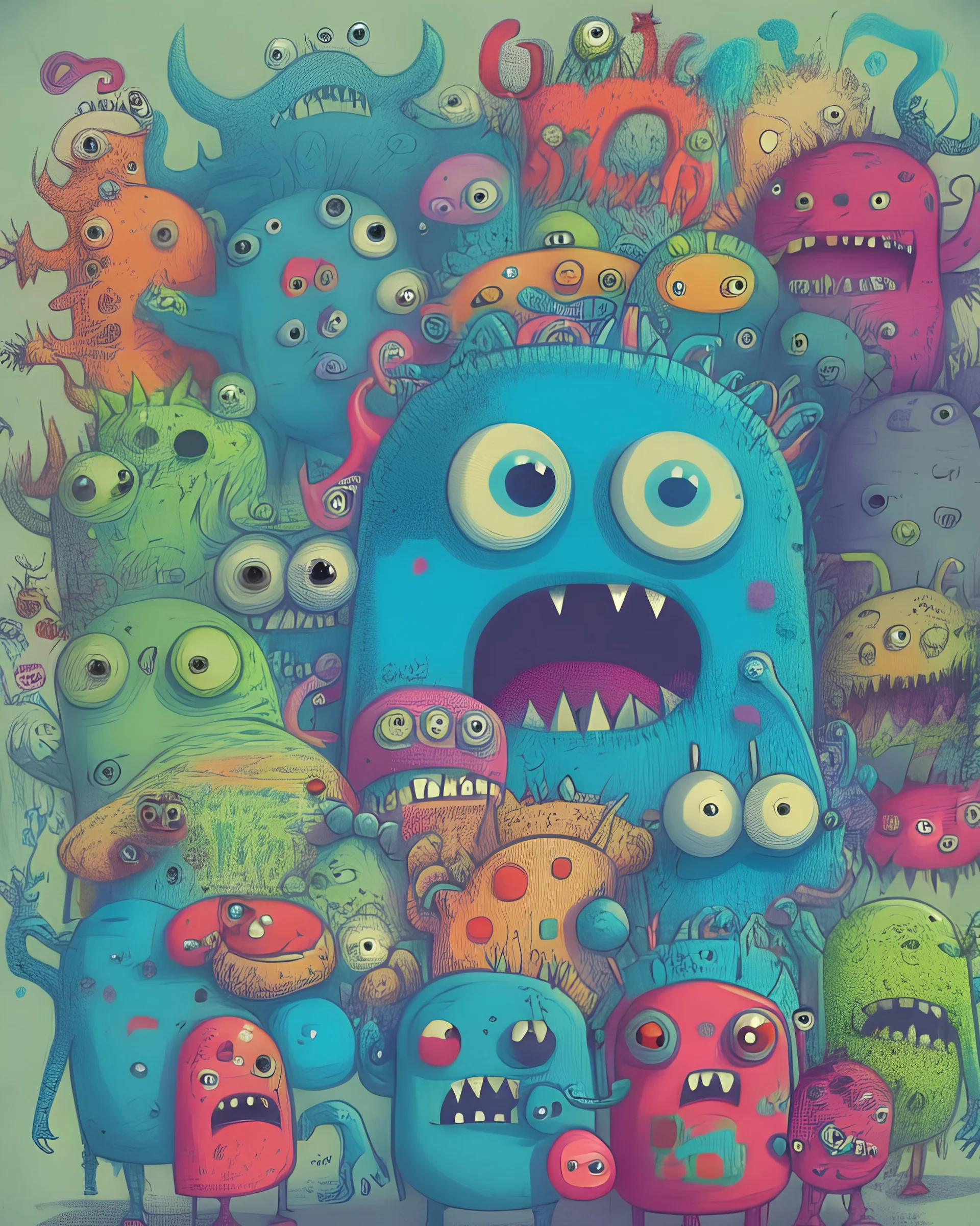 many monsters, doodle art style, colorful, funny