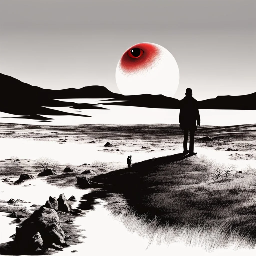 a large ominous red eye watching a person roam a desolate deep black landscape