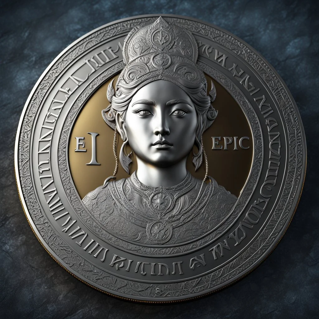 a silver coin called a Silver Moon standing on edge. a queens portrait. runes. flat coin. show one coin front on at a distance. show whole coin. fantasy concept art, exquisite realism, a masterpiece, dynamic lighting, hyper detailed, intricately detailed, deep color, Unreal Engine, volumetric lighting , Epic cinematic brilliant stunning intricate meticulously detailed dramatic atmospheric maximal,