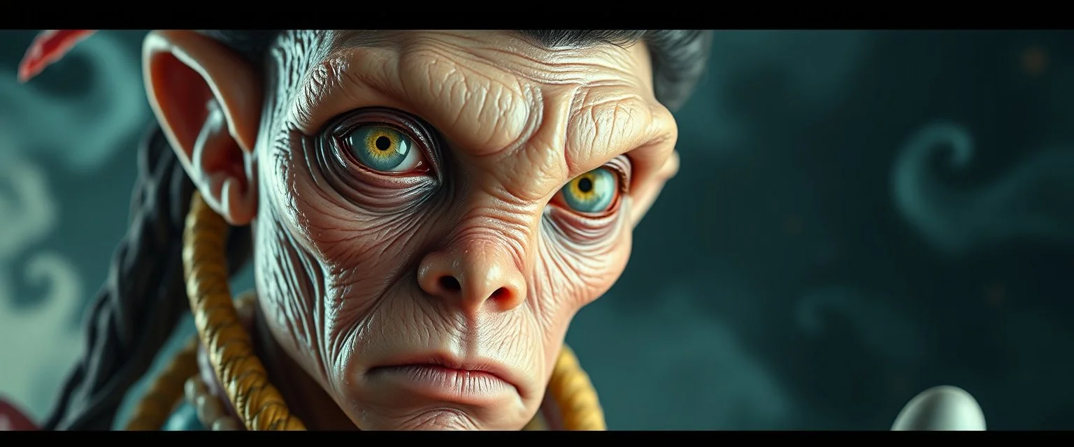 close up portrait with fine pores and real skin texture, clear transparent skin, wise eyes, hairy macho disco alien indian Homunculus – living in a hi tech marvellous hot dog art graphics and rune stone on rocket with a mounted sling shot mega harpoon, heading for venus , background motion blur and smoke swirls