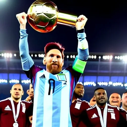 lionel messi in argentina shirt lifting the world cup to the sky with the team behind him in the stadium of qatar