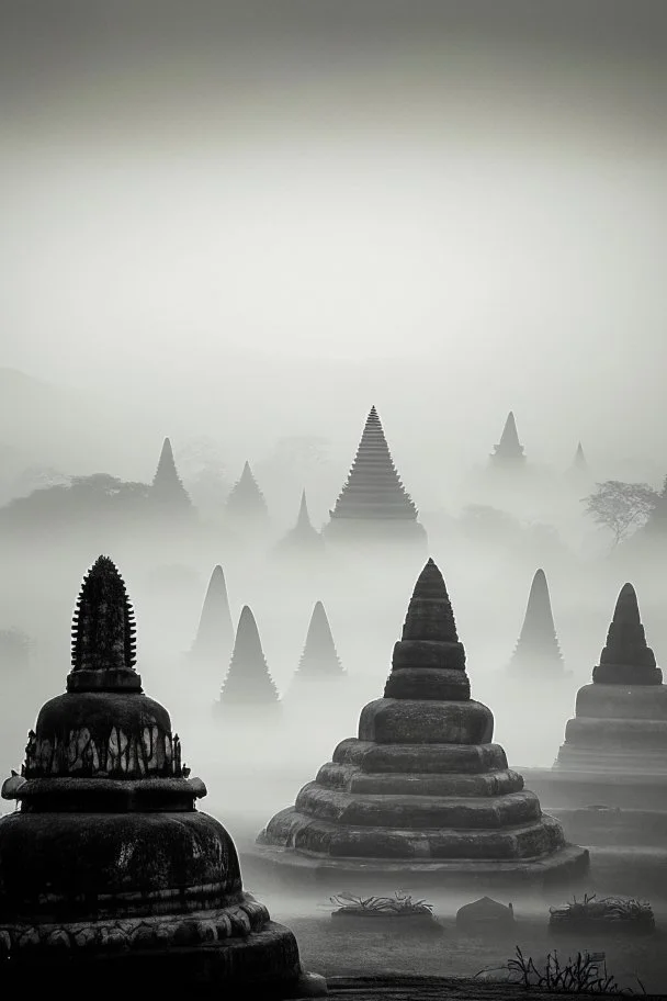 View borobudur in foggy morning bw photo from puthuk setumby