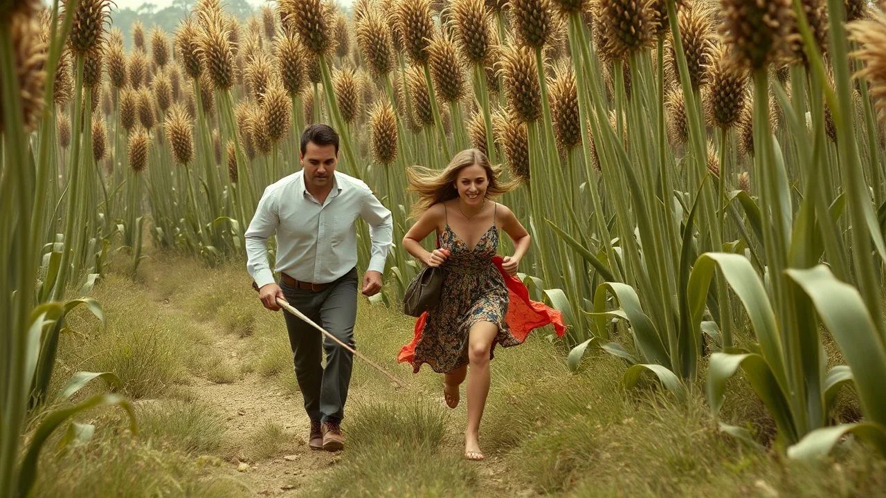 A man and a woman and a child being chased by a crowd of triffids