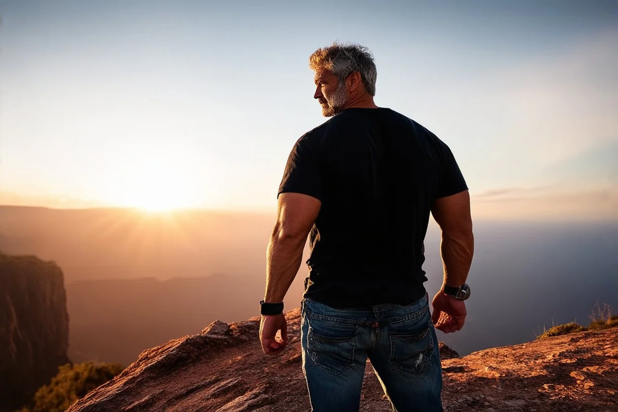 a brawny man with grey hair views sunset from a cliff