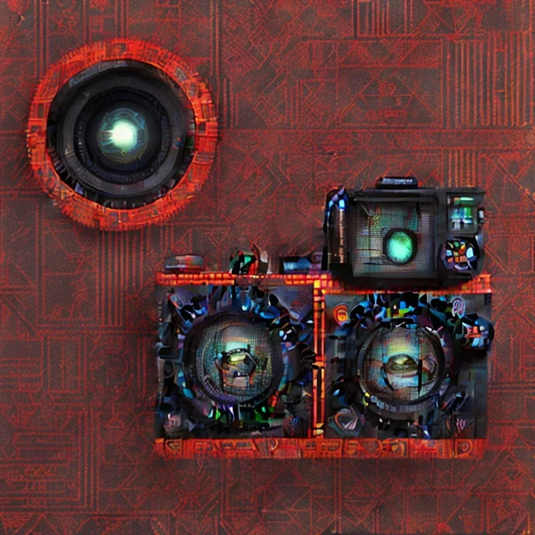 futuristic pinhole camera in Kente, rusted clocks lens, cinematic, scaffolding, african pattern symbols, engraved, cinema 4d, 3d render, corona renderer, 8k quality