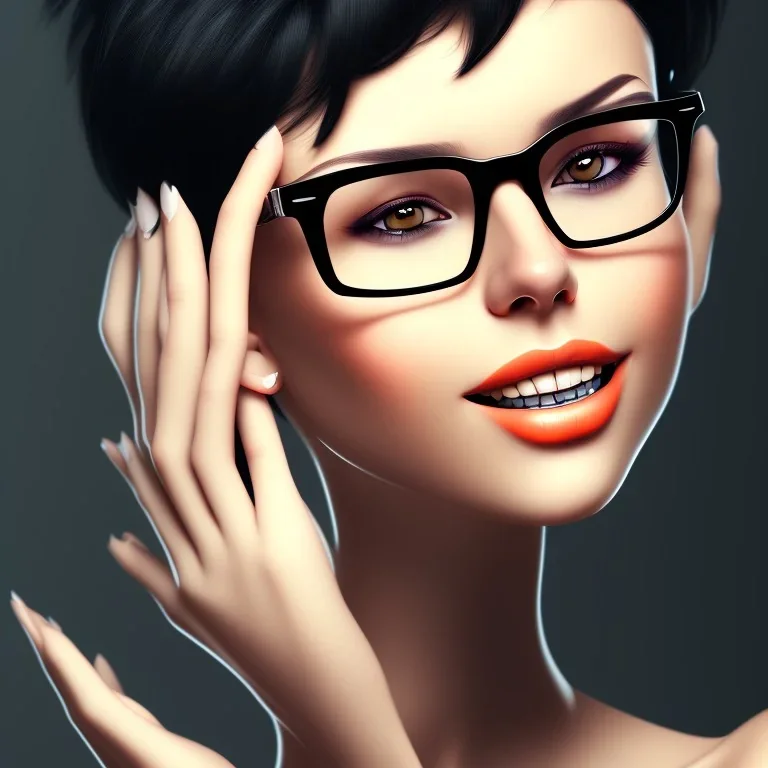  woman with short black hair wide smile and glasses