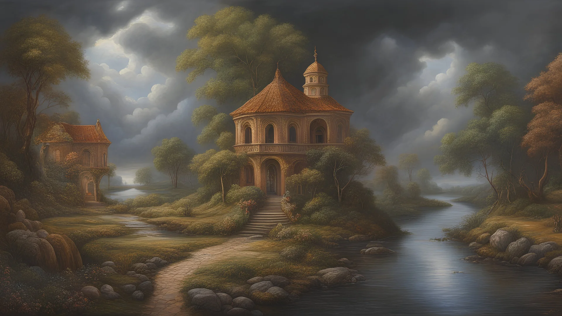 Heavy rain in riverscape, dark clouds, atmospheric puddles, Dark romanticism, photorealistic, ultrarealistic masterpiece by Victoria Francés and Raphaella Spence and Josephine Wall, hyperdetailed riverscape