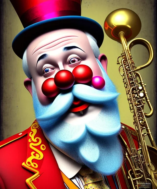 happy old friendly fat clown with round head and trimmed beard playing jazz with a steampunk theme, circus, realistic