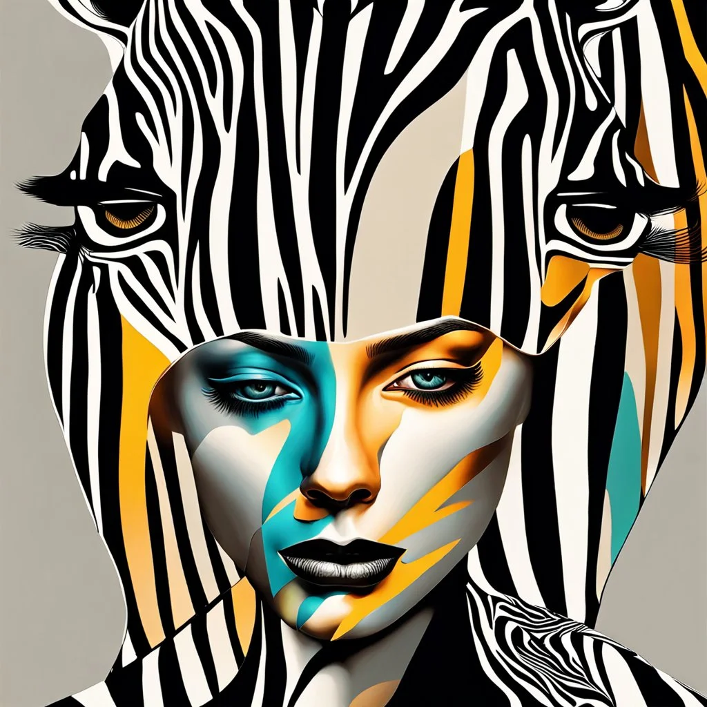 Zebra painting with a woman's face, inspired by Peter Griek, mesmerizing contemporary digital art, complex face, abstract portrait, inspired by Alan Tasso, abstract face, artistic digital art, trending digital art, sophisticated digital art, inspired by Igor Mursky, abstract surrealism masterpiece , by Laszlo Balog