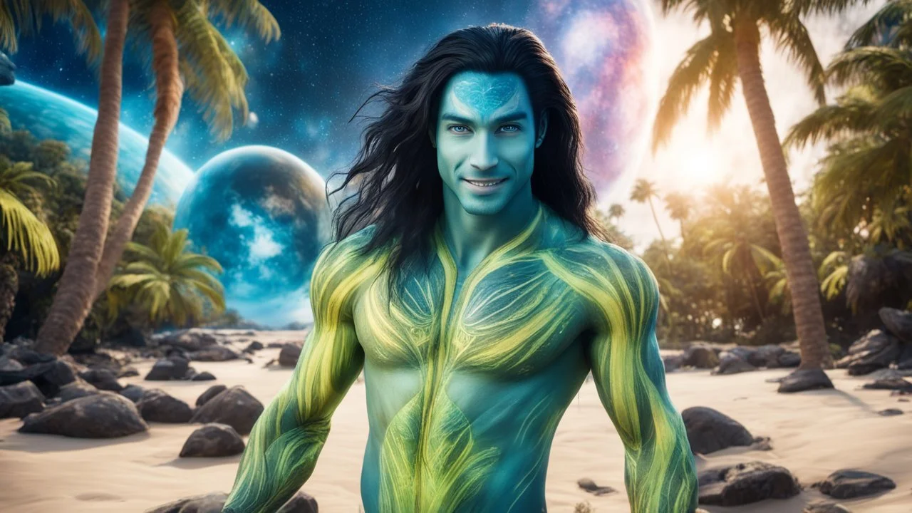 beautiful gorgeous young man na'vi with long hair, Avatar, blue skin, two small ears, green eyes, black hair, in cosmic suit, galactic ambiance, smiling, with spaceship and planets and palm trees and clear crystaline cosmic beach in background