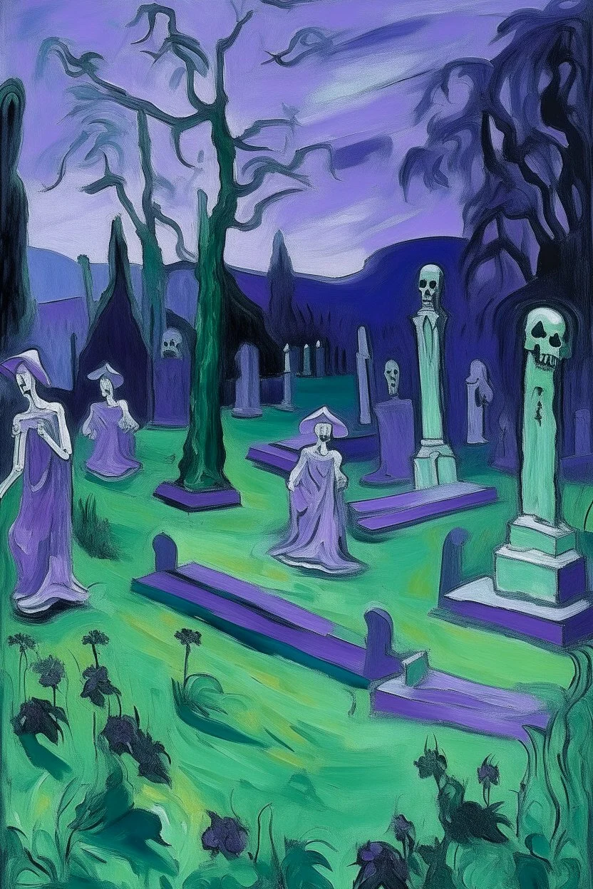A purple graveyard with dancing ghosts painted by Paul Cezanne