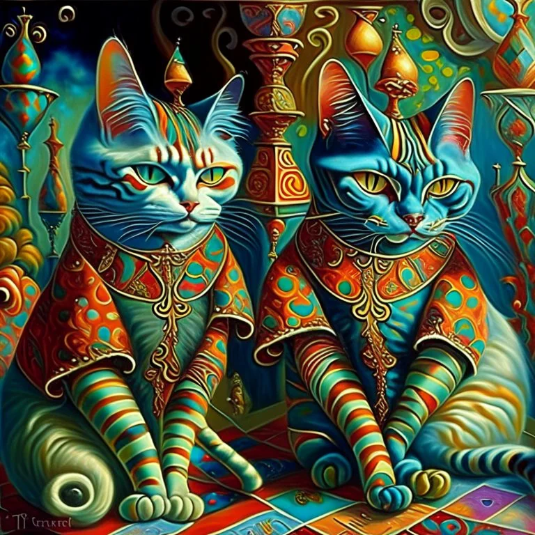 prompt, Fantasy harlequin cats by Louis Wain, by Catherine Abel, by Gediminas Pranckevicius, fantasy, oil on canvas, beautiful, high details, ultra detailed, crisp quality, colourful, high definition