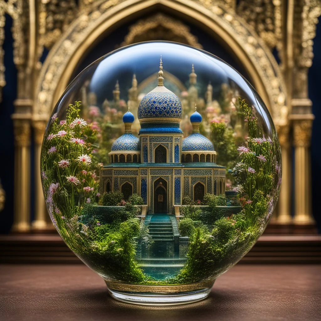 The miniatur islamic mosque in ball glass is an abstract concept that refers to a world made entirely of flowers or plants, often in a fantasy or mythical setting. The flower planet in this image appears to be a baroque world, with ornate spiral patterns and intricate designs.